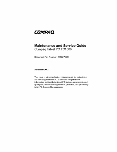 COMPAQ Compaq Tablet PC TC1000 Compaq Tablet PC TC1000 service manual